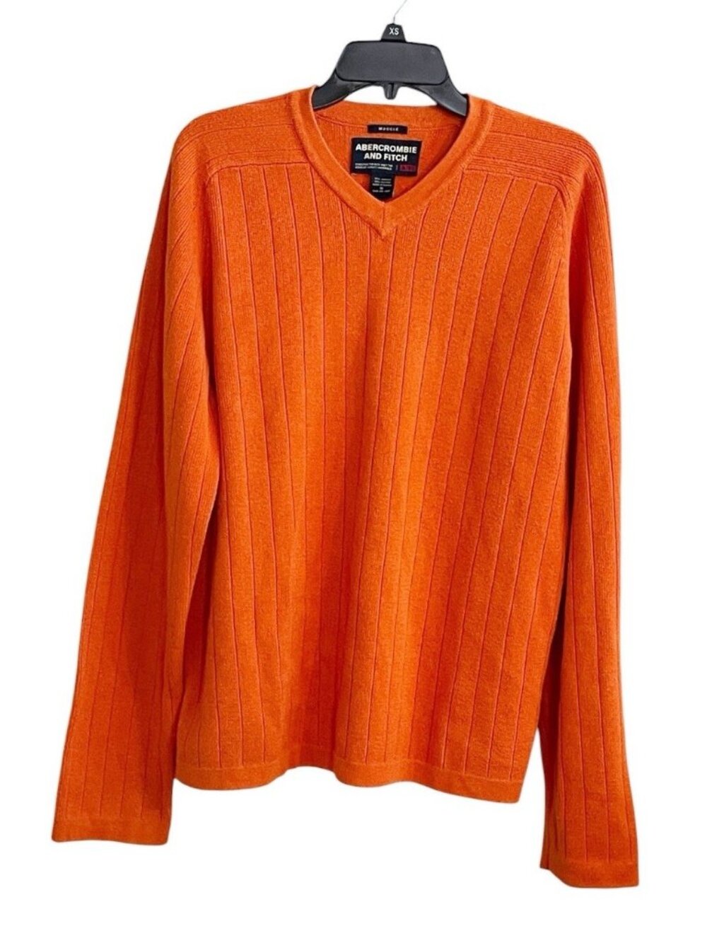 Vintage Abercrombie & Fitch Orange V-Neck Cable Knit Muscle Sweater XL Y2K 90s